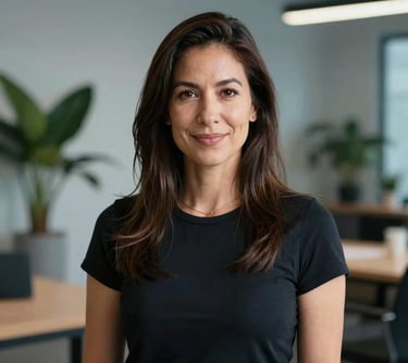 A professional portrait of a wellness design expert in a modern creative studio in North America, with blurred plants and soft blue lighting in the background.