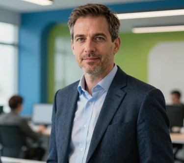 A professional portrait of a tech executive in a modern North American office setting with a bright blue and green architectural detail in the background, sharp focus, bright studio lighting.