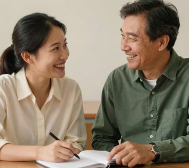A close-up photography of a teacher in Oceania sitting one-on-one with a mentor at a wooden table, both looking at a notebook and laughing. Warm cream and dark sage green palette.