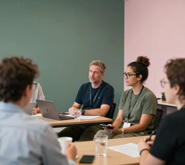 An Australian professional development setting where a diverse group of teachers are engaged in a collaborative activity. The room is bright with dark sage green and soft pink highlights.