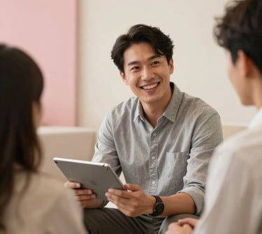 A person in a professional setting in Oceania holding a tablet and smiling warmly while facilitating a group discussion. The background is soft and clean with soft pink and warm cream accents.