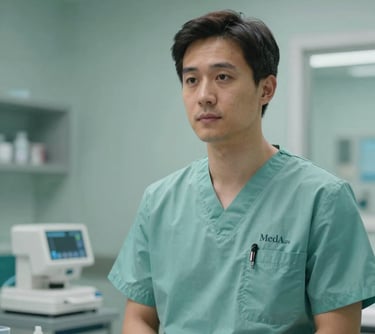 A professional medical specialist in a clean North American / Canadian clinical setting, reflecting the role of MedA, with soft sage aqua lighting.