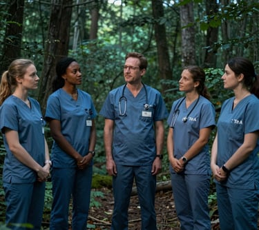 A healthcare educator in a North American / Canadian teaching facility, representing TeA teaching agents, in a deep forest teal environment.