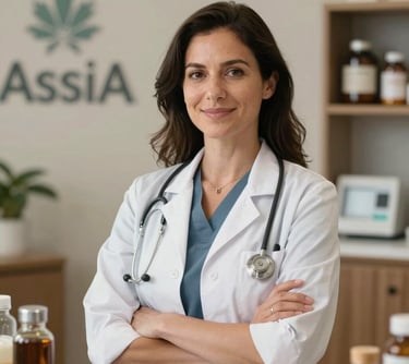 A nutritionist in a North American / Canadian wellness center, looking professional and trustworthy, representing the AssiA assistant agent category.