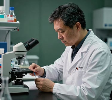 A scientist in a North American / Canadian research lab studying obesity data, with a professional dark moss green background.
