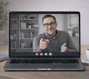 Professional corporate training session in a modern circular conference room with a presenter and digital screen.