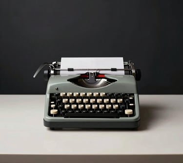 A minimalist shot of a vintage typewriter on a clean, Pale Moonlight surface. The background is a stark Darkest Night wall, creating a sharp and sophisticated aesthetic.