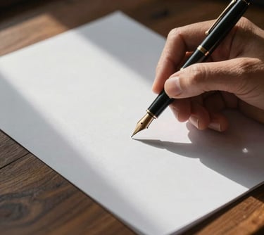 A close-up of a hand holding a classic fountain pen over a blank sheet of paper. The lighting is atmospheric, casting long Misty Shadow silhouettes across the wooden desk.
