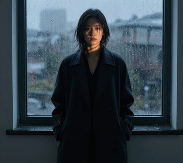 A moody portrait of a person in a dark coat, their face partially obscured by Deep Twilight shadows. They are standing against a rain-streaked window in a minimalist room.