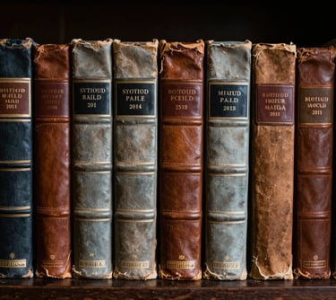 A high-contrast photograph of a shelf of old, leather-bound books in a dark library. The spines are worn, catching highlights of Misty Shadow and Pale Moonlight.