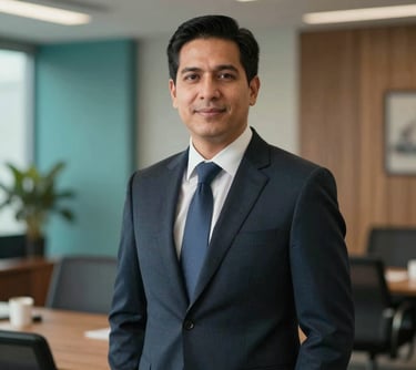 Portrait of a male migration attorney in a professional suit, standing in a well-lit office with architectural details in teal and wood, Global / Hispanohablante con enfoque en EE. UU.