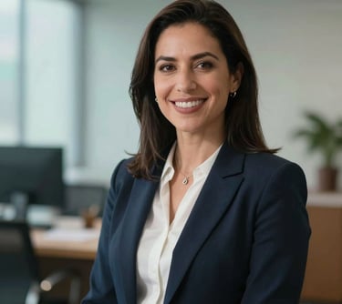 Portrait of a female legal consultant in a professional setting, blurred office background with turquoise tones, warm and approachable expression, Global / Hispanohablante con enfoque en EE. UU.