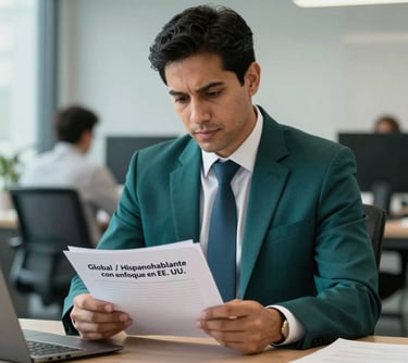 Portrait of a male professional migration expert reviewing files in a modern office, wearing professional attire, teal and dark green color accents, Global / Hispanohablante con enfoque en EE. UU.