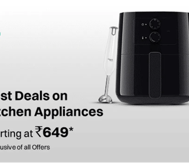 Black digital air fryer and hand blender kit for kitchen appliance deals starting at ₹649.