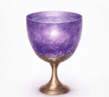 Ornate gold chalice with a glowing purple amethyst glass bowl filled with magical water.