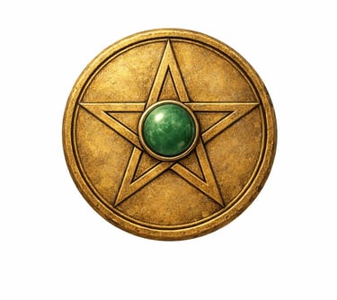 Antique bronze pentacle coin with a green jade stone center on a white background.