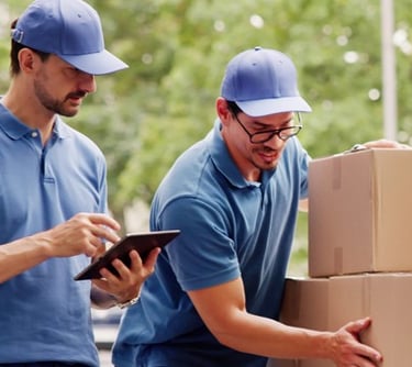 two man delivery crew unloading and checking the order