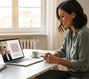 Una donna seduta a un tavolo con un laptop e una tazza di caffè