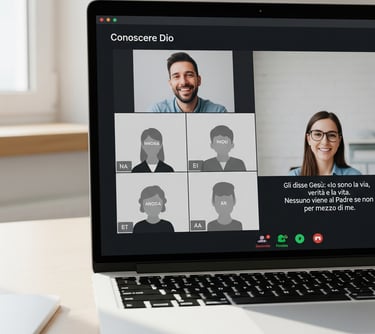 a laptop computer screen showing a video call with a video call