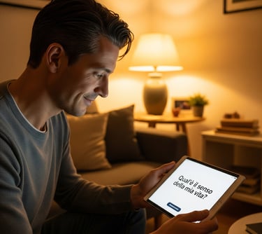a man sitting on a couch holding a tablet computer