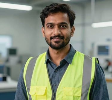 A professional portrait of a South Asian / Indian man in a clean, modern factory environment, wearing a safety vest and a friendly expression.