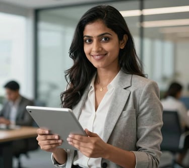 A professional portrait of a South Asian / Indian woman in a modern office, holding a tablet and smiling, representing efficient sales management.