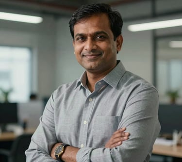 A professional portrait of a South Asian / Indian man in his late 40s wearing business attire, looking confident and smiling in an industrial office setting.