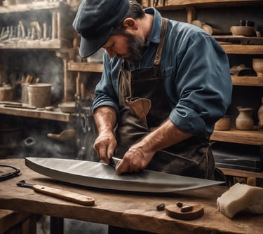 a man in a hat and apron is making a large piece of art