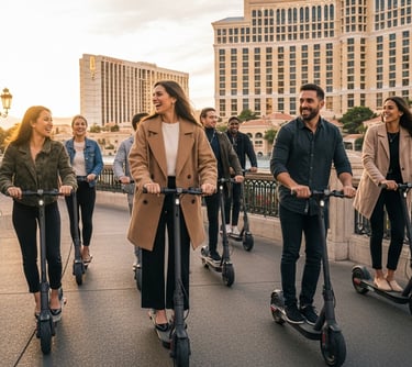 riding stand up electric scooters together in front of the bellagio resort