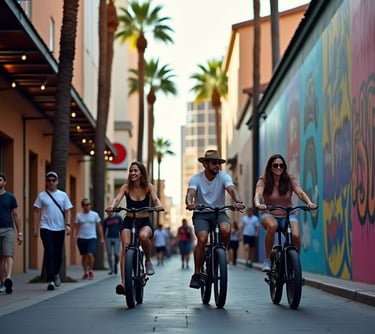 three tourists riding e-bikes on the sidewalks in old vegas in the day time