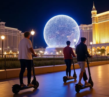 two friends riding e-scooters in front of the sphere in las vegas
