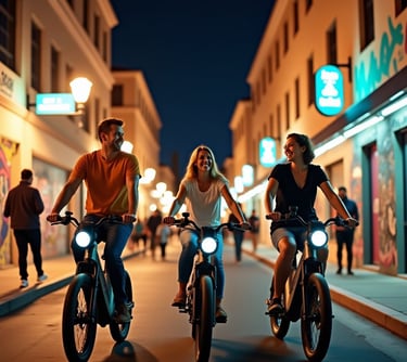 a man and woman riding electric bikes down main street at night time