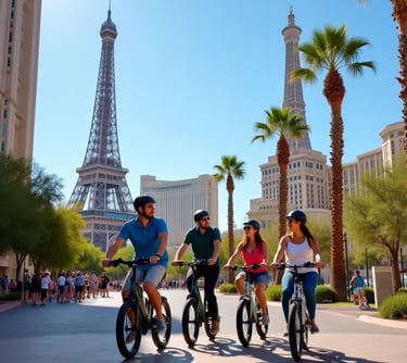 four tourists riding bikes in front of the paris hotel