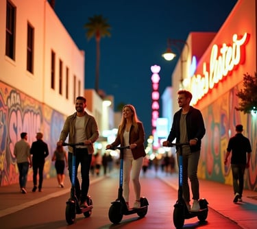 a tour guide takes a married couple on an e-scooter tour at night