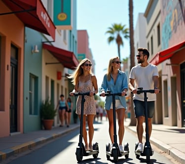 two tourists and a tour guide riding e-scooters in tourists areas on a sunny day