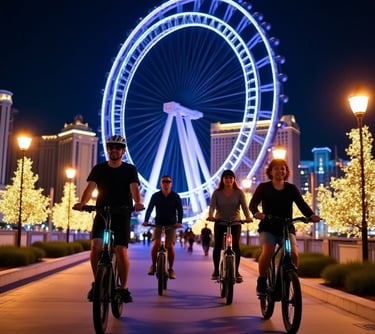 a tour guide takes three customers on a guided electric bike tour at night 