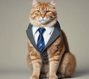 An orange tabby cat dressed in a professional grey business suit with a white shirt and blue necktie.