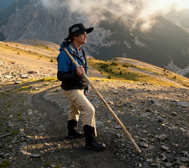 a man wearing a hat hiking up a mountain trail