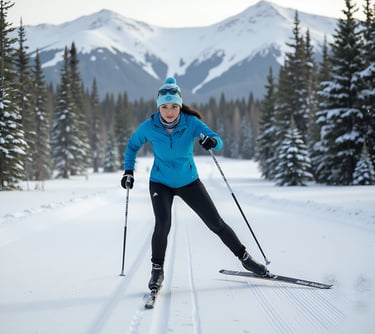 a woman in a blue jacket and black pants cross country skiing