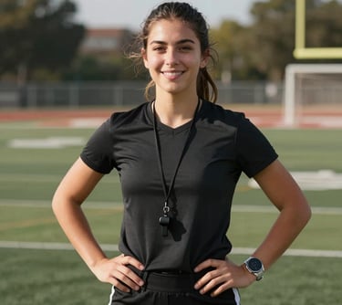 A portrait of a young athletic woman in sports coaching attire, standing on a football field in a North American / Mexican setting. She has a whistle around her neck and a confident, welcoming smile.