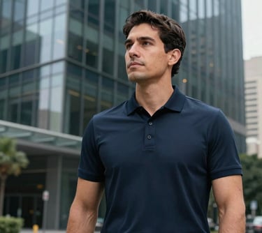 Professional headshot of a man in sports management attire, featuring dark navy colors. He is standing against a modern glass building in a North American / Mexican city, looking professional and dynamic.