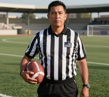 A portrait of an official in a black and white striped referee uniform, holding a football and standing on a green turf. The setting is a bright afternoon in a North American / Mexican sports complex.
