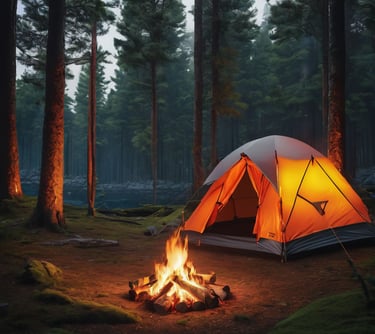 Tent in the woods with campfire