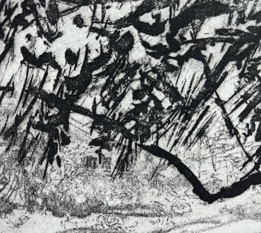 Detail from Dumfries House through the trees - etching