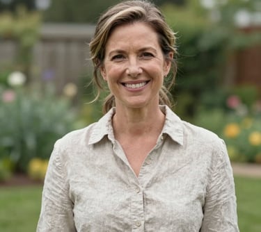 A friendly professional portrait of a woman in her 40s wearing a linen shirt, smiling warmly, set against a blurred background of a Midwestern US garden. Natural, soft lighting.