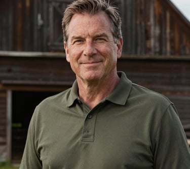 A professional portrait of a middle-aged man with a kind expression, wearing a dark olive polo shirt, standing in front of a rustic wooden barn in a Midwestern US setting.