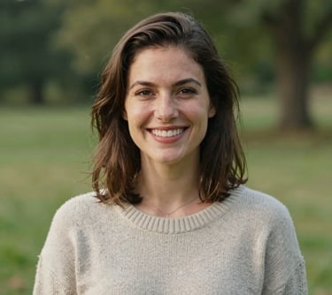 A warm portrait of a woman in her late 20s with a cheerful smile, wearing a casual sweater, set against a background of soft green foliage in a rural Ohio park.