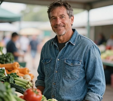 A candid portrait of a man in his 50s with a friendly face, wearing a denim work shirt, standing near a market stall with vibrant vegetables in the Midwestern US.
