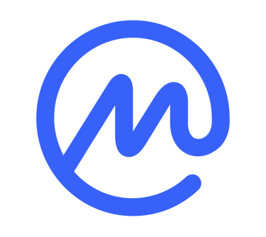 a blue and white logo with the letter m in the middle