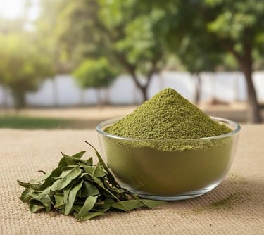 “View of finely ground neem leaf powder showing texture and freshness”